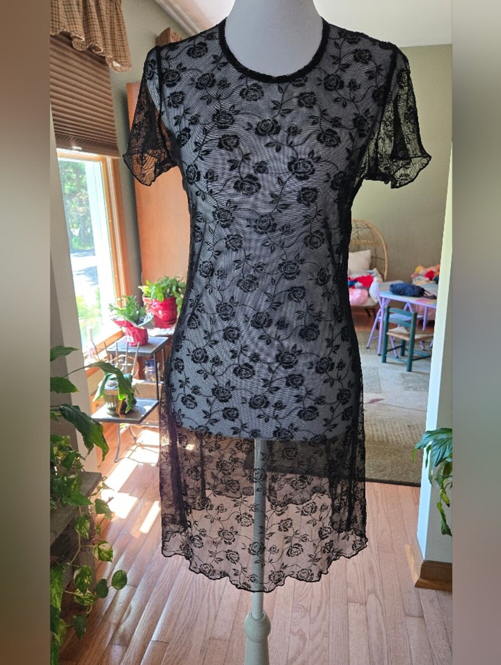 Aqua Blue Sheer Black Floral Lace Mini Dress